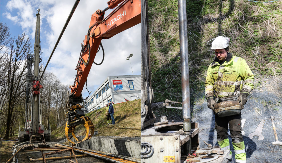 Ved Føyka stadion i Asker bores Norges dypeste energibrønn. Borebas/anleggsleder Jonas Hansen trekker opp borestrengen ved hjelp av fjernstyring, for å skifte borekrone. (Foto: Runar F. Daler).