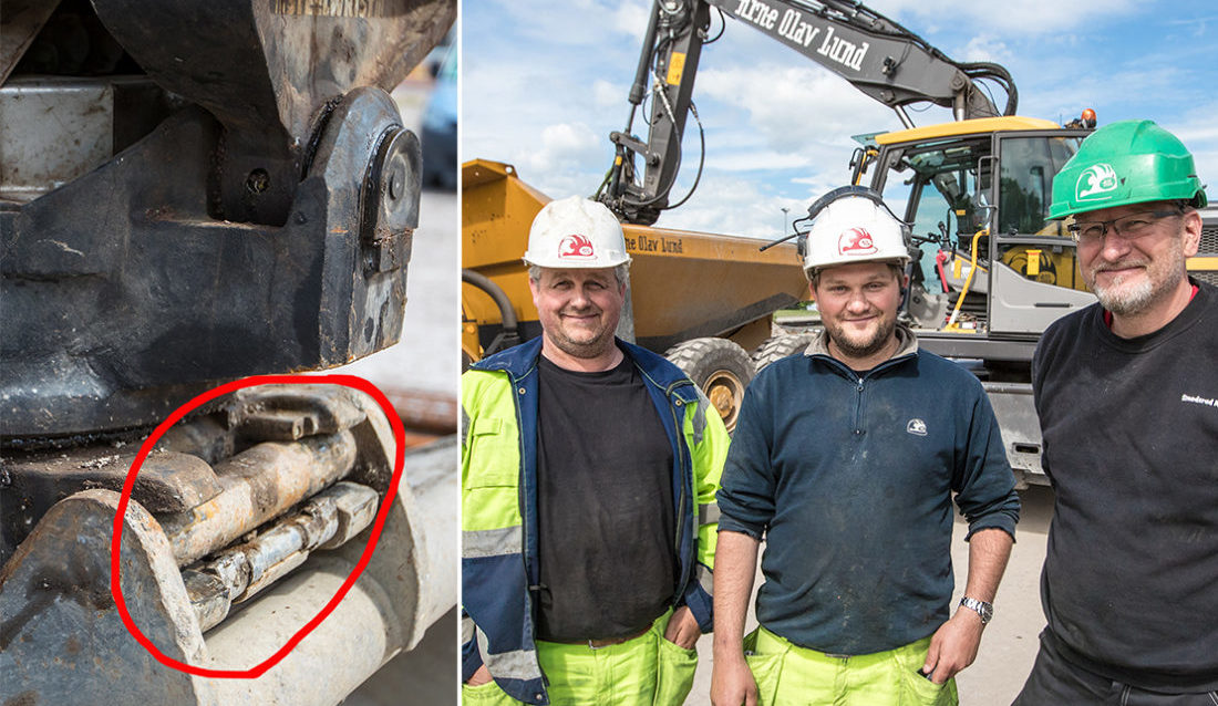PROSJEKT: Maskinfører Steinar Larsen (t.v.) kjører en Volvo 160 hjulgraver med Steelwrist tilt. Her sammen med grunnarbeider Jørn Colin Bjørnsen og verksmester Trond Einar Smedsrud