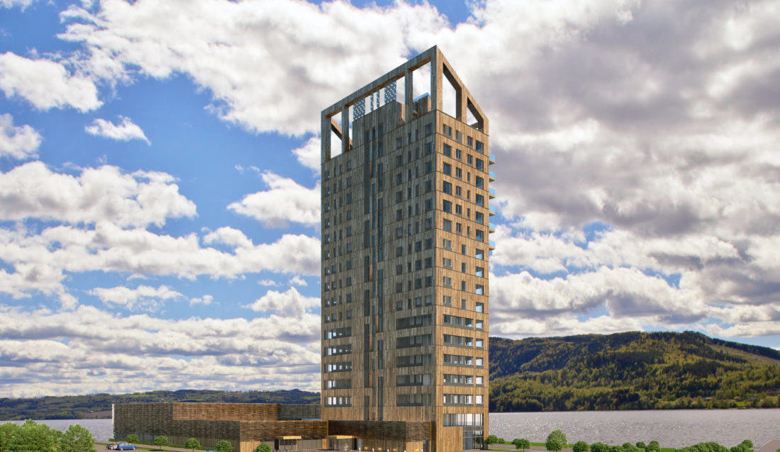 Mjøstårnet slik det vil se ut når det står ferdig 1. mars 2019. (Illustrasjon: Voll Arkitekter).