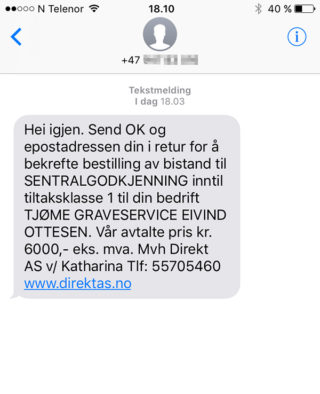 SMS-en Eivind Ottesen mottok. Skjermdumpen er ikke fra hans egen telefon. 