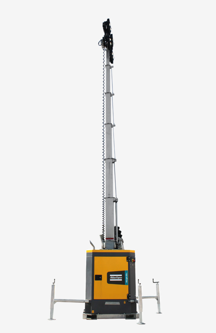 Lystårnet HiLight B5+ kan dekke hele 5000 kvadratmeter med en gjennomsnittlig lysstyrke på 20 lux. (Foto: Atlas Copco).