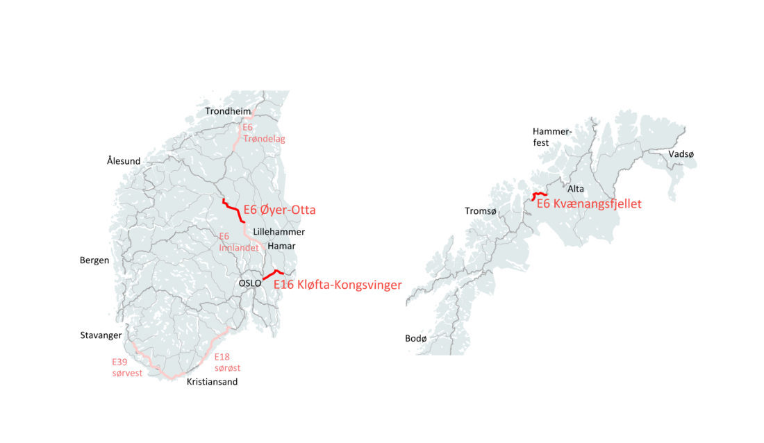 Kartet viser Nye Veiers eksisterende strekninger, samt de tre nye (i mørk rødt). (Illustrasjon: Nye Veier).