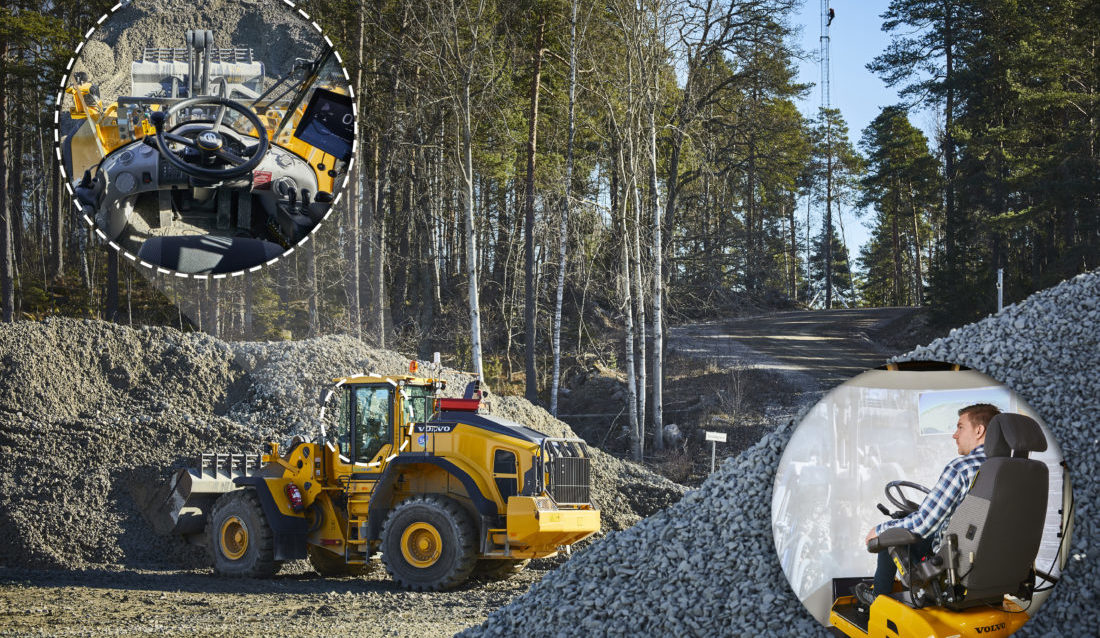 Volvo CE er blant de første i verden som bruker 5G-teknikk til å teste fjernstyrte maskiner. I Eskilstuna testes bl.a. en fjernstyrt hjullaster. (Foto: Volvo CE).
