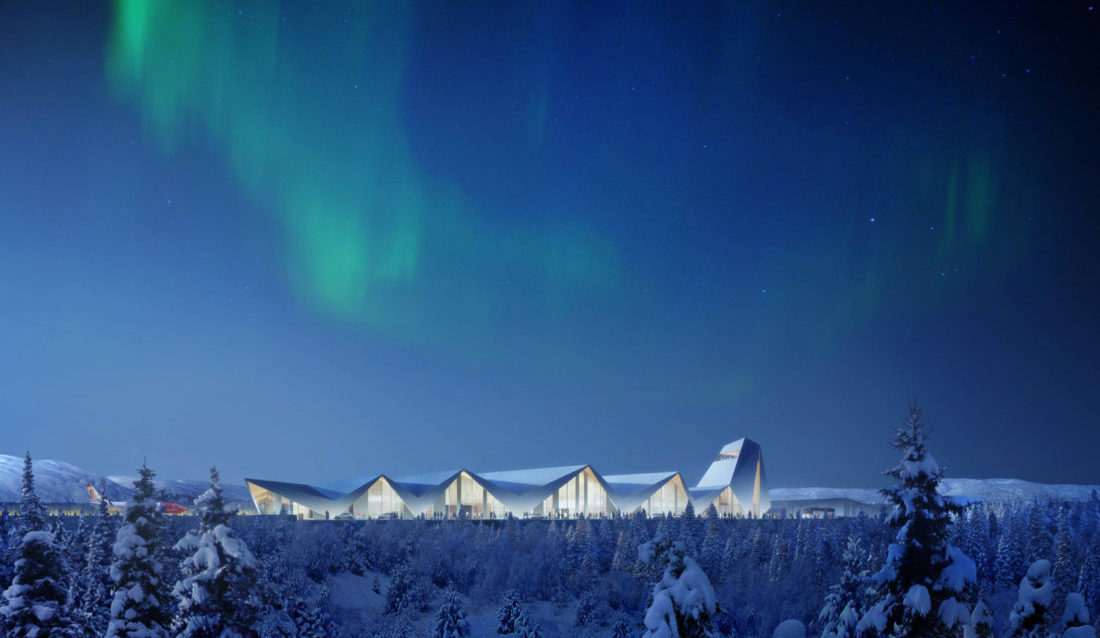 POTENSIAL: Forventingene og ambisjonene er store for den nye flyplassen. Går det som utbygger håper vil det se omtrent slik ut en vinterkveld med nordlys. (Illustrasjon: Polarsirkelen Lufthavnutvikling AS).