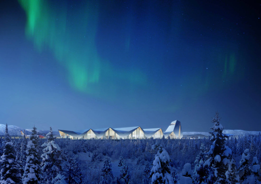 POTENSIAL: Forventingene og ambisjonene er store for den nye flyplassen. Går det som utbygger håper vil det se omtrent slik ut en vinterkveld med nordlys. (Illustrasjon: Polarsirkelen Lufthavnutvikling AS).