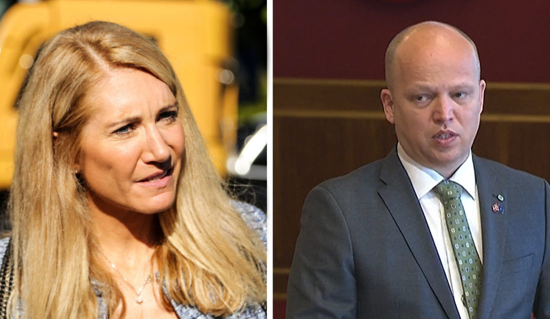 Administrerende direktør i MEF, Julie Brodtkorb og Finansminister Trygve Slagsvold Vedum (Foto: Runar F. Daler og skjermdump fra Stortinget.no)