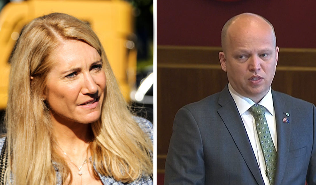 Administrerende direktør i MEF, Julie Brodtkorb og Finansminister Trygve Slagsvold Vedum (Foto: Runar F. Daler og skjermdump fra Stortinget.no)
