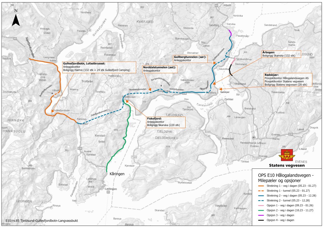 OPS-prosjektet E10 Hålogalandsvegen med riggområder langs traseen som skal bygges. (Illustrasjon: Statens Vegvesen).