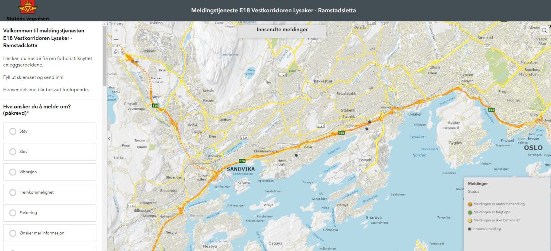 Prosjektet E18 Lysaker-Ramstadsletta (etappe 1 av E18 Vestkorridoren) er først ut med å ta i bruk Vegvesenets digitale meldingstjeneste. (Illustrasjon: Statens vegvesen)
