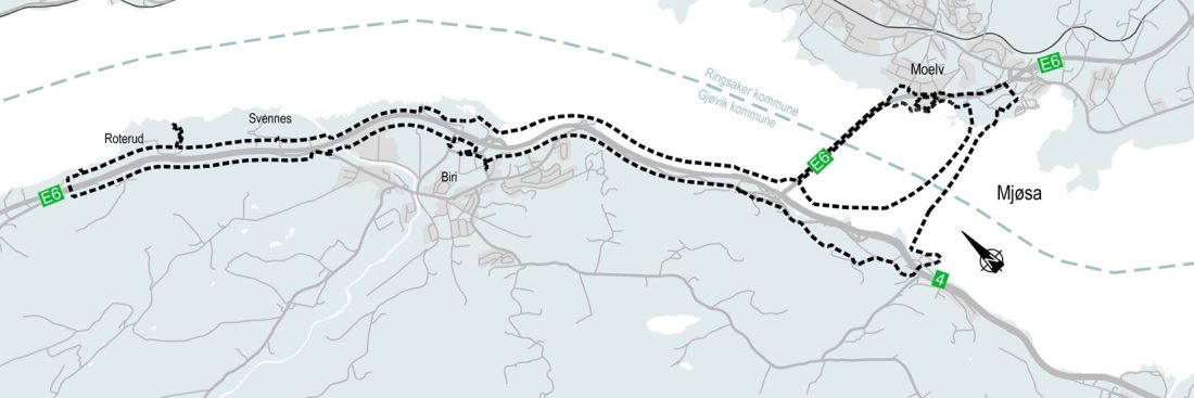 Den planlagte veistrekningen E6 Moelv-Roterud inkluderer en kryssing av Mjøsa mellom Moelv og Biri.