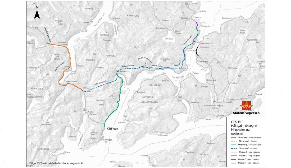 Dette skal bygges: Strekning 1 (oransje), Strekning 2 (blå), Opsjon 1 (rosa) og Opsjon 2 (grønn) bygges i OPS-kontrakten, i tråd med omfanget vedtatt i Prop. 101S av 11.05.2021. Opsjon 3 og 4 er mulige utvidelser som kan bestilles sent i byggefasen om budsjettet strekker til. (Kart: Statens vegvesen)