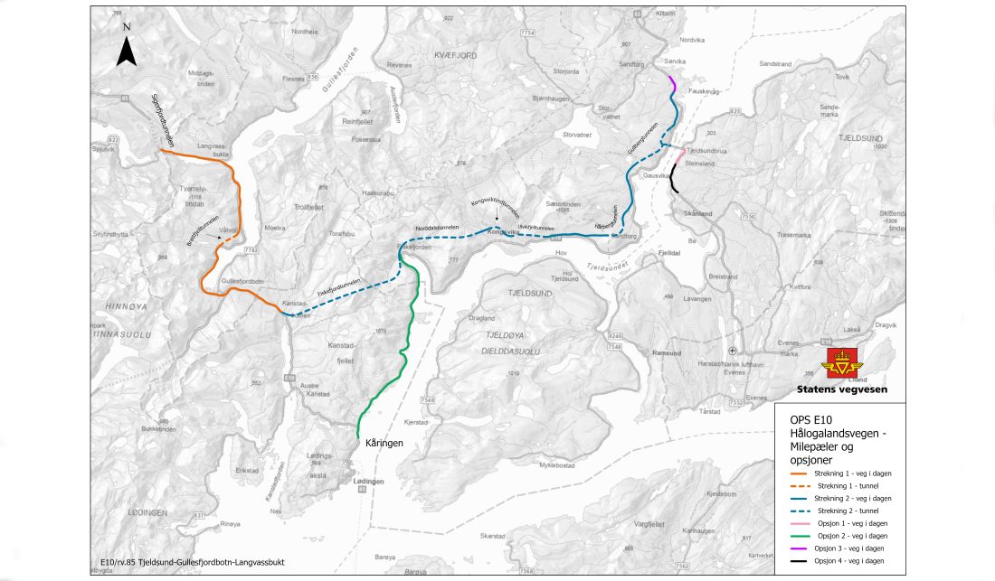 Dette skal bygges: Strekning 1 (oransje), Strekning 2 (blå), Opsjon 1 (rosa) og Opsjon 2 (grønn) bygges i OPS-kontrakten, i tråd med omfanget vedtatt i Prop. 101S av 11.05.2021. Opsjon 3 og 4 er mulige utvidelser som kan bestilles sent i byggefasen om budsjettet strekker til. (Kart: Statens vegvesen)