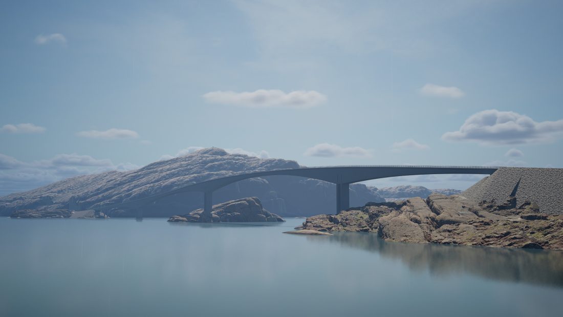 Skanska har signert kontakt med Vestland fylkeskommune om prosjektering og bygging av Ytre Steinsund bro for 800 mill.kr. (Illustrasjon: Skanska/Multiconsult)