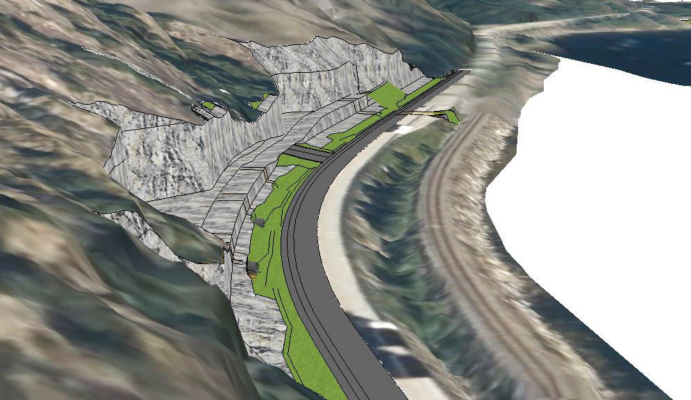 3D-modell av fjellskjæring, skredgrop og skredvoll. Sett fra vest mot øst. (Illustrasjon: Statens vegvesen )