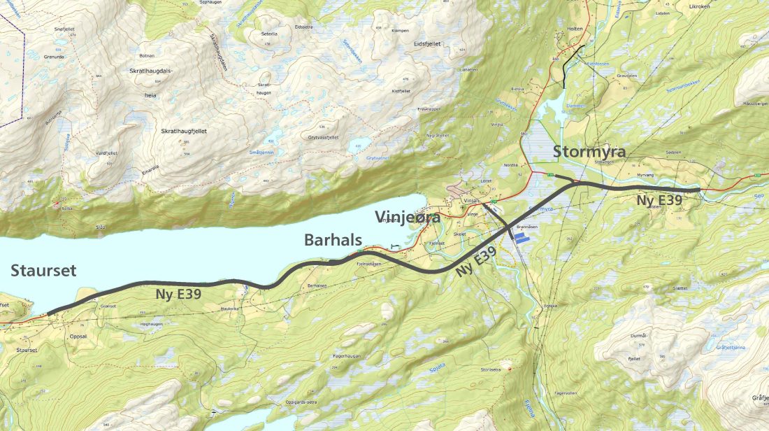 Statens vegvesen skal bygge 10,6 km ny tofelts E39 mellom Stormyra og Staurset i Heim kommune i Trøndelag. (Kart: Statens vegvesen)