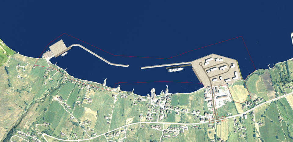 Det største prosjektet som ønsker masser fra skipstunnelen er Stad molo ved Leikanger. Totalt massebehov til moloer og næringsareal på begges sider av moloene er i utgangspunktet hele 1 875 750 kubikkmeter stein. (Illustrasjon: Stad molo)