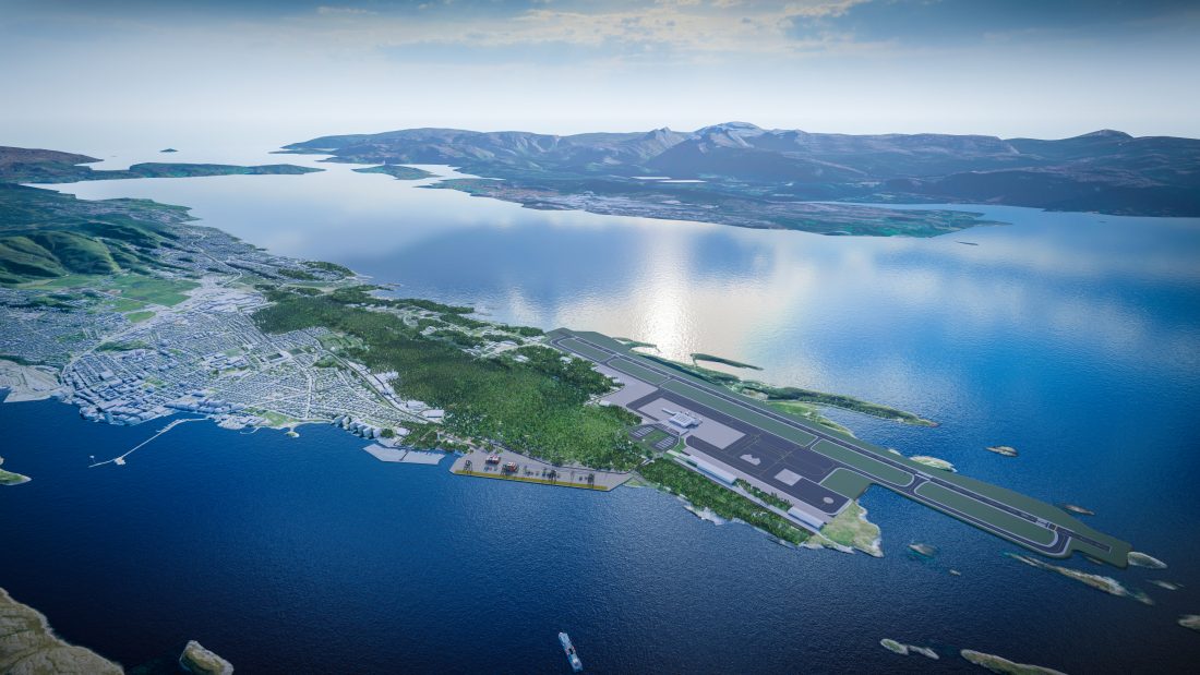 Omtrent slik vil det se ut når flyplassen er flyttet ca. én kilometer mot sørvest og ut mot havet. (Illustrasjon: Asplan Viak, DRMA og Tina Saaby)