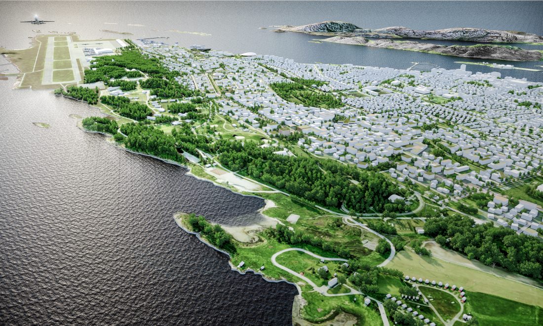 Det meste av bebyggelsen midt i bildet befinner seg der dagens flyplass ligger. (Illustrasjon: Nordic Office of Architecture)