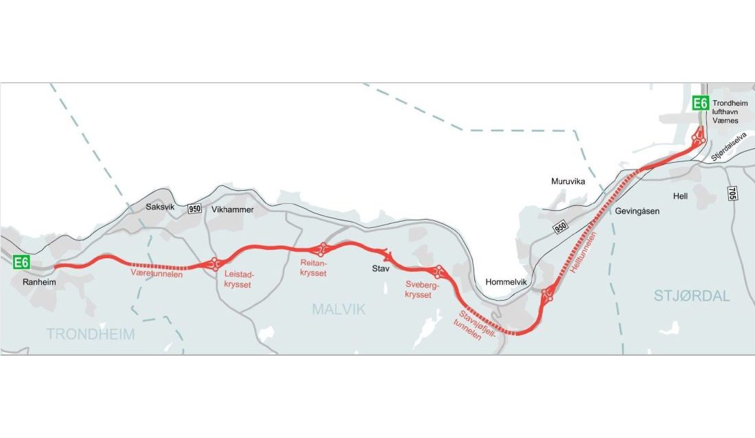 Nye Veier lyser ut kontrakt for den drøye 12 kilometer lange strekningen fra Ranheim til Sveberg, som er en del av prosjektet med å bygge ny, trafikksikker E6 frem til Værnes. (Illustrasjon: Nye Veier)