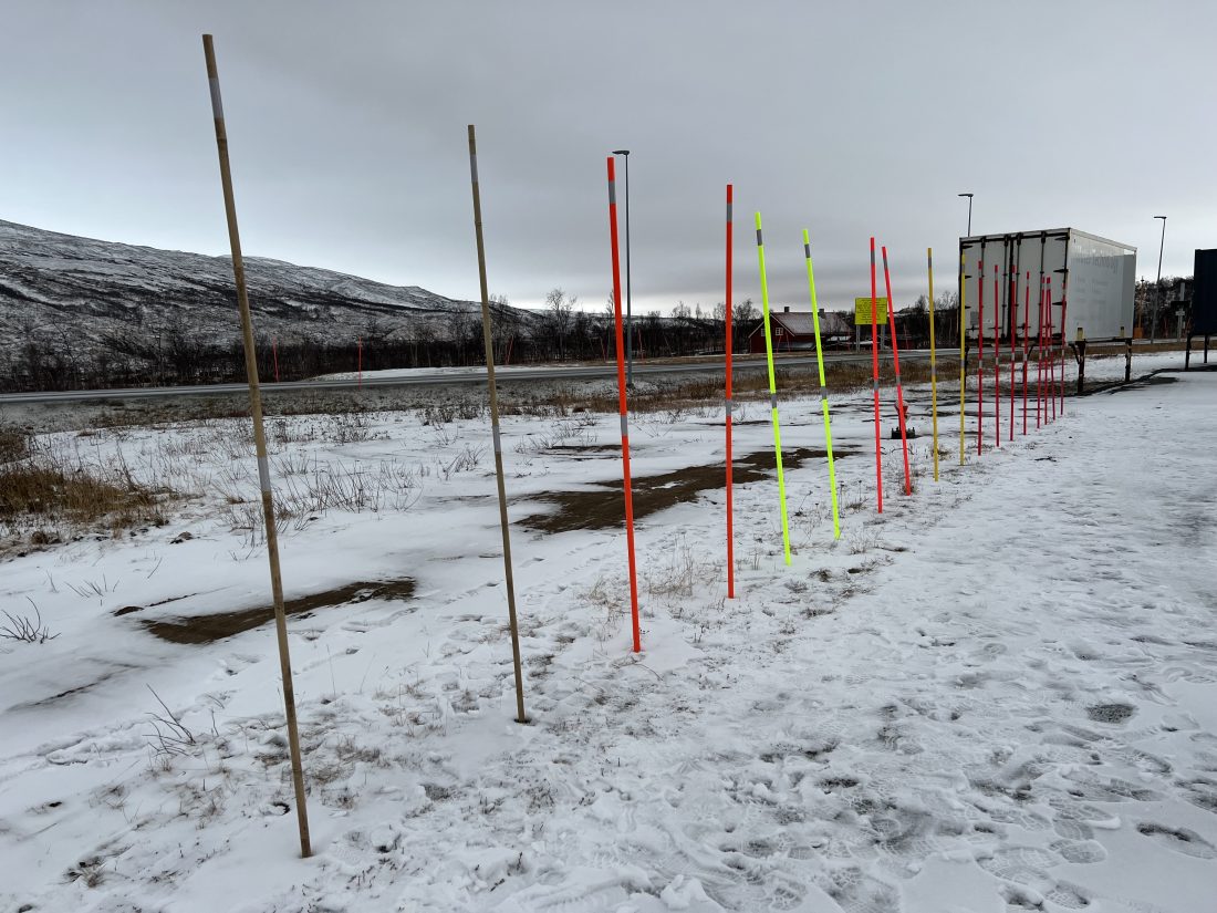 Brøytestikker med ulik farge som er laget av ulike materialer skal stå ute i flere sesonger. Det gjøres for å se hvor mye fargene blekner. (Foto: Statens vegvesen)