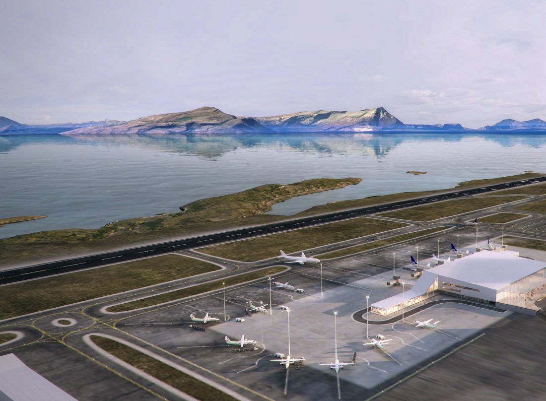 Peab Anlegg skal med sine samarbeidspartnere bygge rullebaner, taksebaner og flyoppstillingsplassene på nye Bodø lufthavn. (Illustrasjon: Avinor)