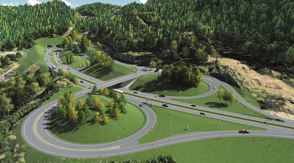 Illustrasjonsbilde fra Verpen, med kryss og portal til Oslofjordtunnelen. (Illustrasjon: Statens vegvesen)