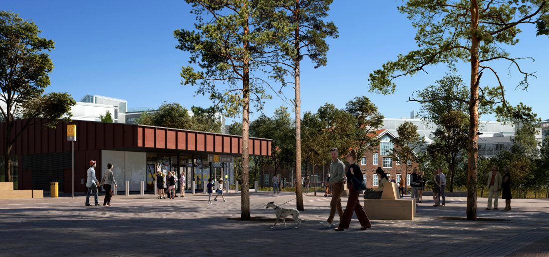 Illustrasjon av Lysaker T-banestasjon, ved arkitektfirmaene Asplan Viak, Longva arkitekter og ARUP.