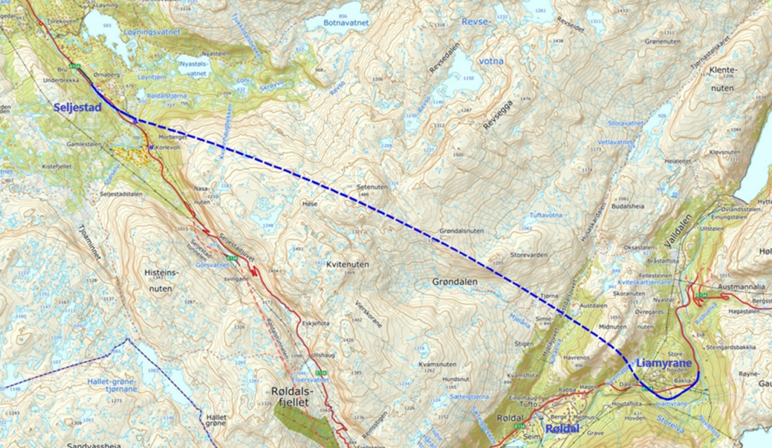 Kartet viser hvor den nye E134 mellom Røldal og Seljestad skal gå. (Illustrasjon: Statens vegvesen)
