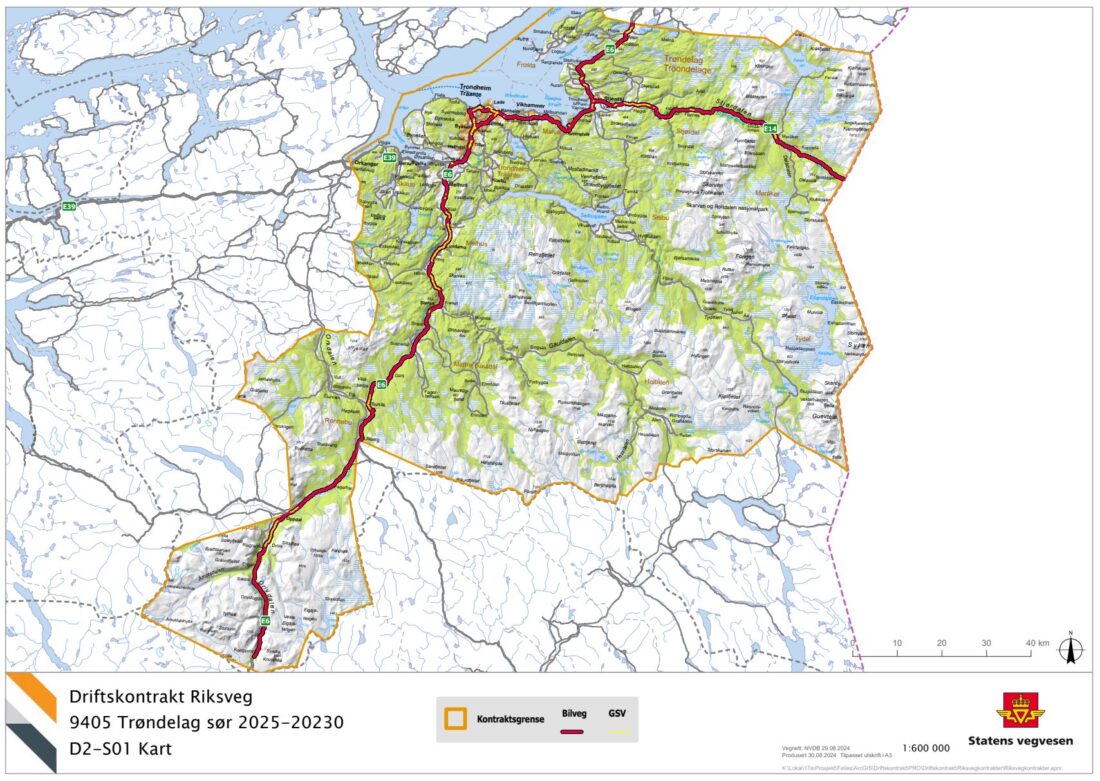 Kart som markerer strekningene i driftskontrakt "Riksvei 9405 Trøndelag sør 2025-2030". (Illustrasjon: Statens vegvesen)