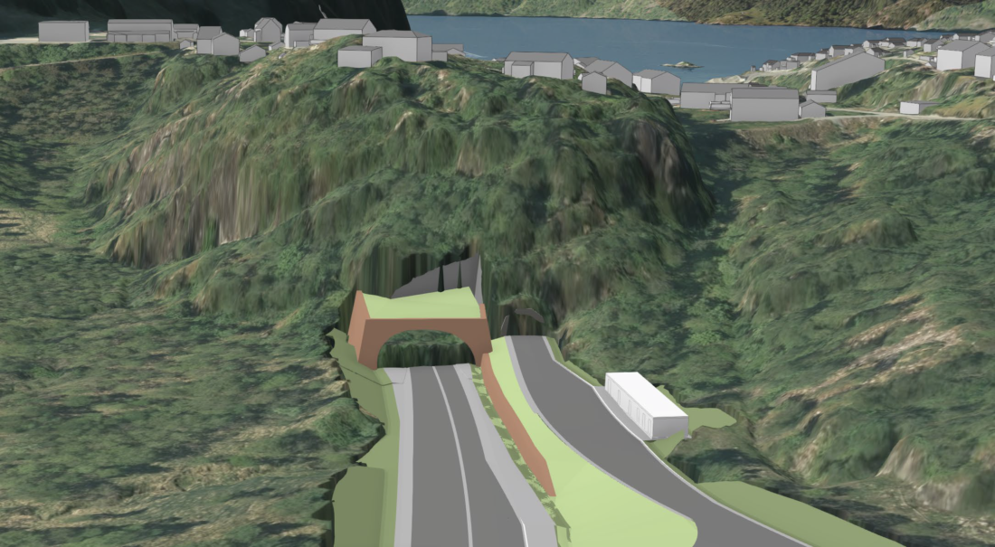 Illustrasjon av ny veitunnel på Helle i retning vest. Dette er en av stedene der det skal utføres sikringsarbeid over området der ny veitunnel mellom Helle og Vaksdal skal sprenges ut. Til høyre er Lågaskartunnelen i retning Stanghelle på dagens E16. (Illustrasjon: Statens vegvesen)
