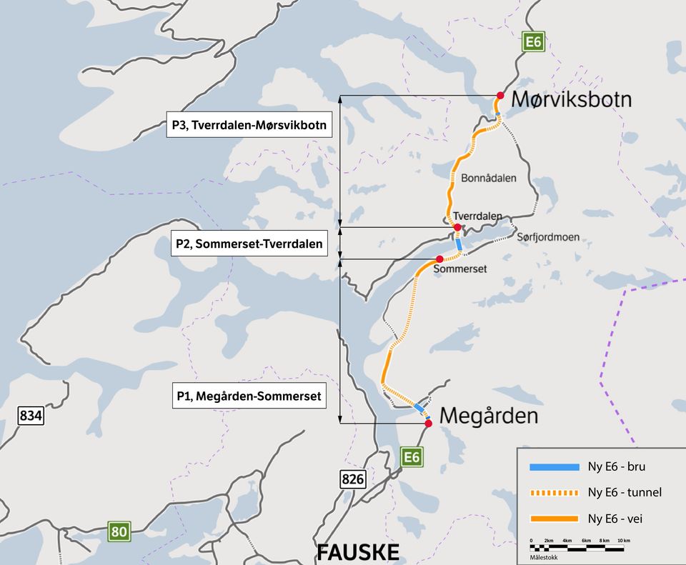 Kartet viser utbyggingsprosjektet E6 Megården-Mørsvikbotn med sine tre byggetrinn. (Illustrasjon: Statens vegvesen)